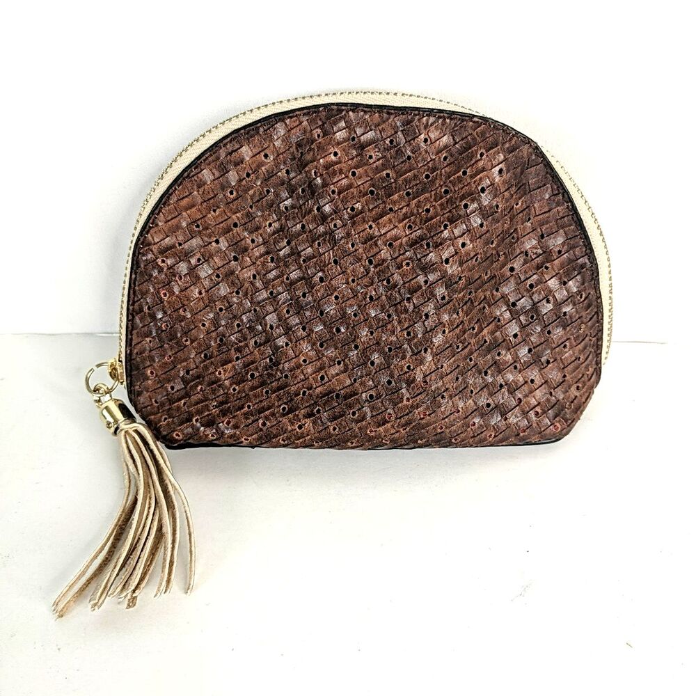 Izzy & Ali Dome Half Circle Pouch Case Gold Tassel Brown Perforated Cosmetic